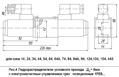 Чертеж гидрораспределителя ВЕ6.134 Чертеж электрической схемы подключения и габаритов гидрораспределителя ВЕ6.134 - промышленное гидрооборудование