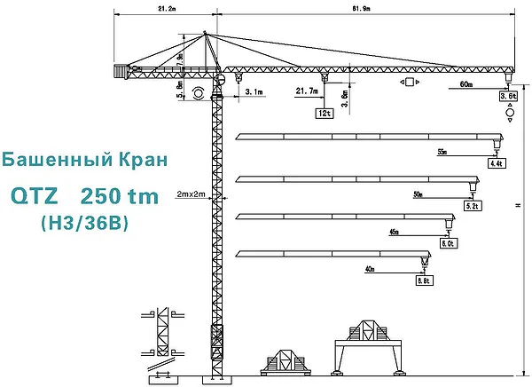 схема башенного крана QTZ 250tm H3/36B