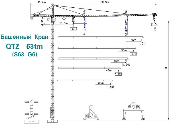 Схема башенного крана QTZ63tm S63 G6, вид сбоку